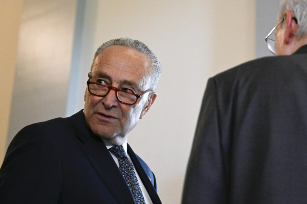 Senate Majority leader Chuck Schumer, D-NY, left, talks with Senate Minority leader Mitch McConnell, R-KY, as they wait for the arrival of Ukraine President Volodymyr Zelenskyy on Capitol Hill, Wednesday, July 10, 2024 in Washington.