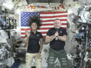 In this image from video provided by NASA, astronauts Suni Williams, left, and Butch Wilmore give a news conference aboard the International Space Station on Wednesday, July 10, 2024.