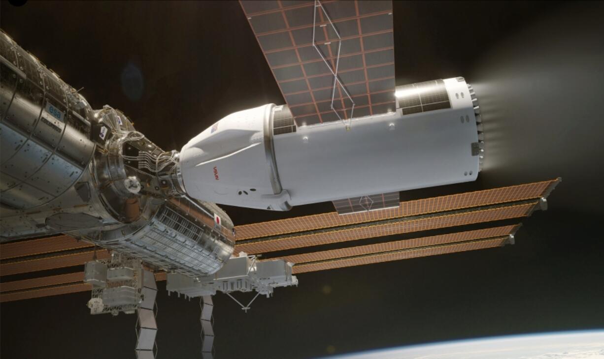 This image provided by SpaceX shows an artistic rendering of the powerful capsule that will be used, once developed, to bring the International Space Station down through the atmosphere in January 2031. NASA and Elon Musk&rsquo;s company on Wednesday, July 17, 2024, outlined the plan to burn the space station up on reentry and plunge what&rsquo;s left into the ocean, ideally at the beginning of 2031 when it hits the 32-year mark.