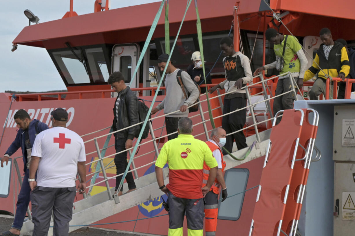 Young migrants arrive in the port of La Restinga at El Hierro in the Canary Islands on Saturday, June 6 2024, after being rescued by the Spanish Sea Rescue. Spain&rsquo;s Canary Islands are struggling to deal with thousands of teenagers and children traveling alone to the archipelago from Senegal, Mali, and other African nations.