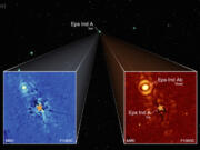 The exoplanet Epsilon Indi Ab is captured in different infrared wavelengths by the Webb Space Telescope. Light from the star Epsilon Indi A, whose position is indicated by star symbols, is blocked by a coronagraph allowing the orbiting planet to be visible.