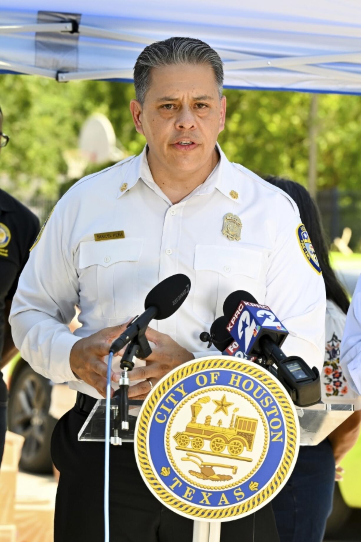 Houston&#039;s Fire Department Chief Samuel Pena speaks during a press conference in Houston, Wednesday, July 10, 2024, after Hurricane Beryl slammed into Texas, knocking out power to millions of homes and businesses.