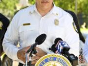 Houston&#039;s Fire Department Chief Samuel Pena speaks during a press conference in Houston, Wednesday, July 10, 2024, after Hurricane Beryl slammed into Texas, knocking out power to millions of homes and businesses.