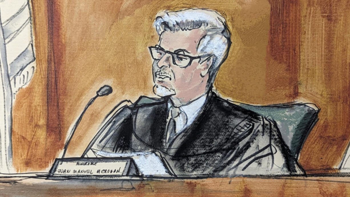 FILE - In this artist depiction Judge Juan Merchan presides over former President Donald Trump&rsquo;s trial in Manhattan criminal court, April 23, 2024, in New York. Former President Donald Trump&rsquo;s sentencing in his hush money case has been postponed until Sept. 18.