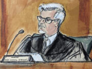 FILE - In this artist depiction Judge Juan Merchan presides over former President Donald Trump&rsquo;s trial in Manhattan criminal court, April 23, 2024, in New York. Former President Donald Trump&rsquo;s sentencing in his hush money case has been postponed until Sept. 18.