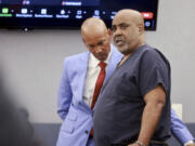 Duane &ldquo;Keffe D&rdquo; Davis, who is accused of orchestrating the 1996 slaying of hip-hop icon Tupac Shakur, right, talks to his attorney, Carl Arnold, in court at the Regional Justice Center in Las Vegas, Tuesday, June 25, 2024. (K.M.