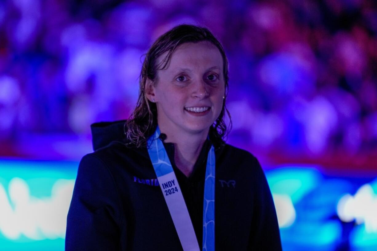 Katie Ledecky smiles after the Women&rsquo;s 800 freestyle finals Saturday, June 22, 2024, at the US Swimming Olympic Trials in Indianapolis.