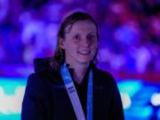 Katie Ledecky smiles after the Women&rsquo;s 800 freestyle finals Saturday, June 22, 2024, at the US Swimming Olympic Trials in Indianapolis.