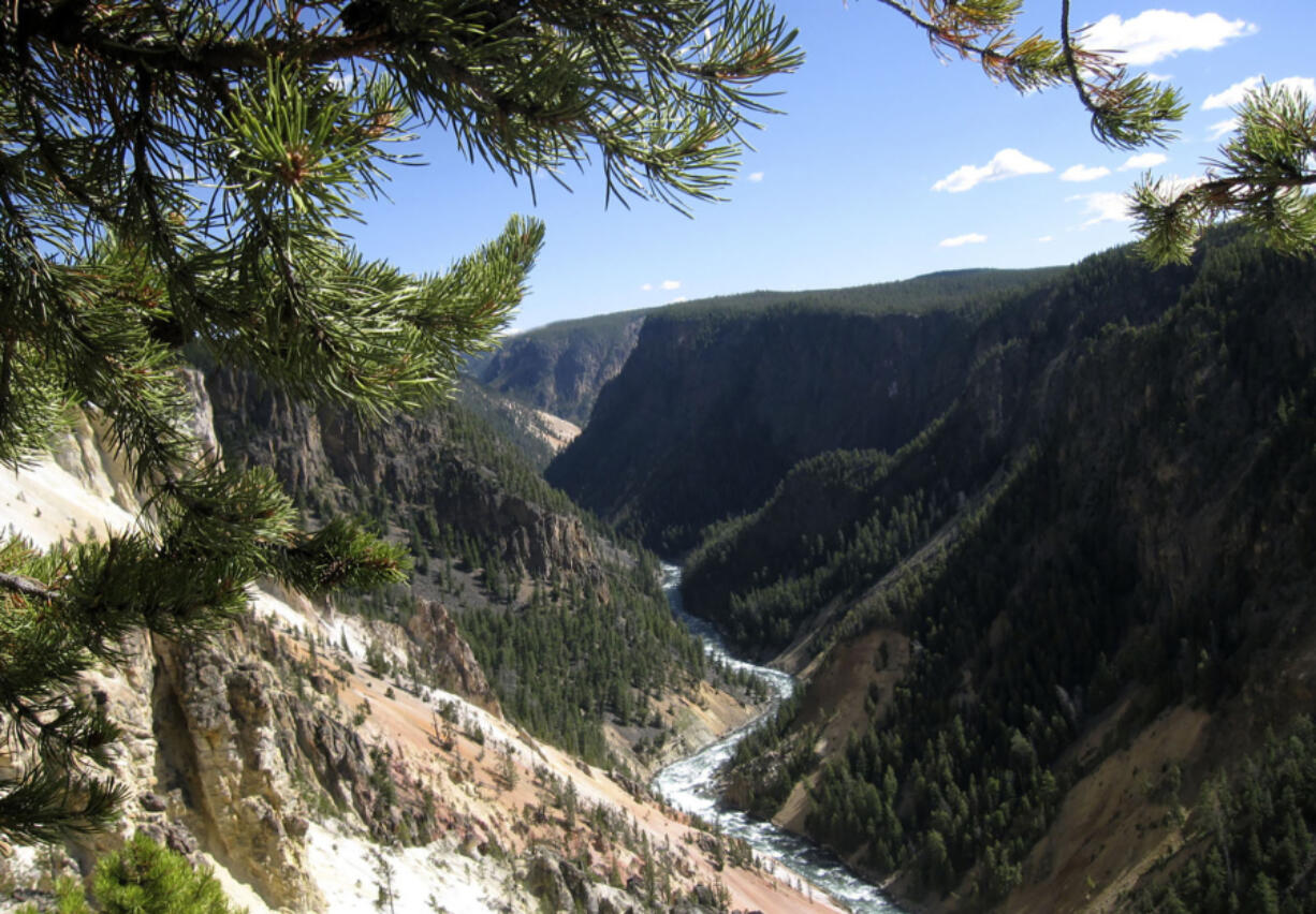 FILE - The Grand Canyon of the Yellowstone is shown September 2009, in Yellowstone National Park, Wyo. Samson Lucas Bariah Fussner is accused of firing a semiautomatic rifle at the entrance of a Yellowstone National Park dining facility with some 200 people inside on Thursday, July 4, 2024. Before the shooting, Yellowstone National Park rangers said Fussner held a woman at gunpoint at a residence near the Grand Canyon of the Yellowstone.