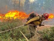 A firefighter pulls a hose with the Pioneer Fire burning in the background.