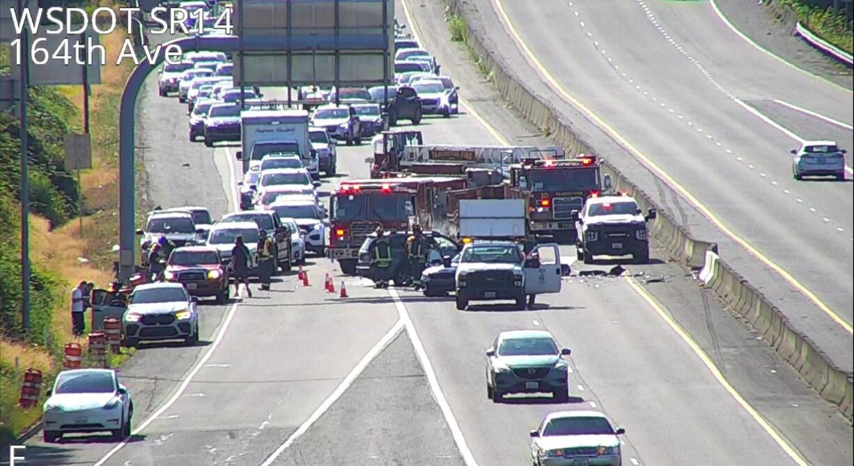 A crash on state Highway 14 west snarled traffic heading for I-205.