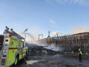 Hotspots at the Lineage Logistics fire in Finley, Washington, flared up Tuesday because of high winds. The fire had been burning for seven weeks as of the beginning of June.