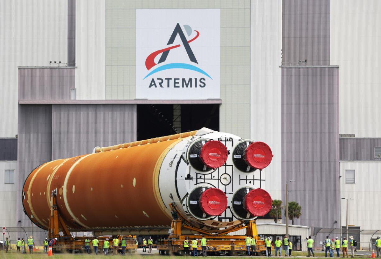 The Core Stage for NASA&Ccedil;&fnof;&Ugrave;s Space Launch System rocket is moved from the Pegasus barge to the Vehicle Assembly Building, on Tuesday, July 23, 2024.