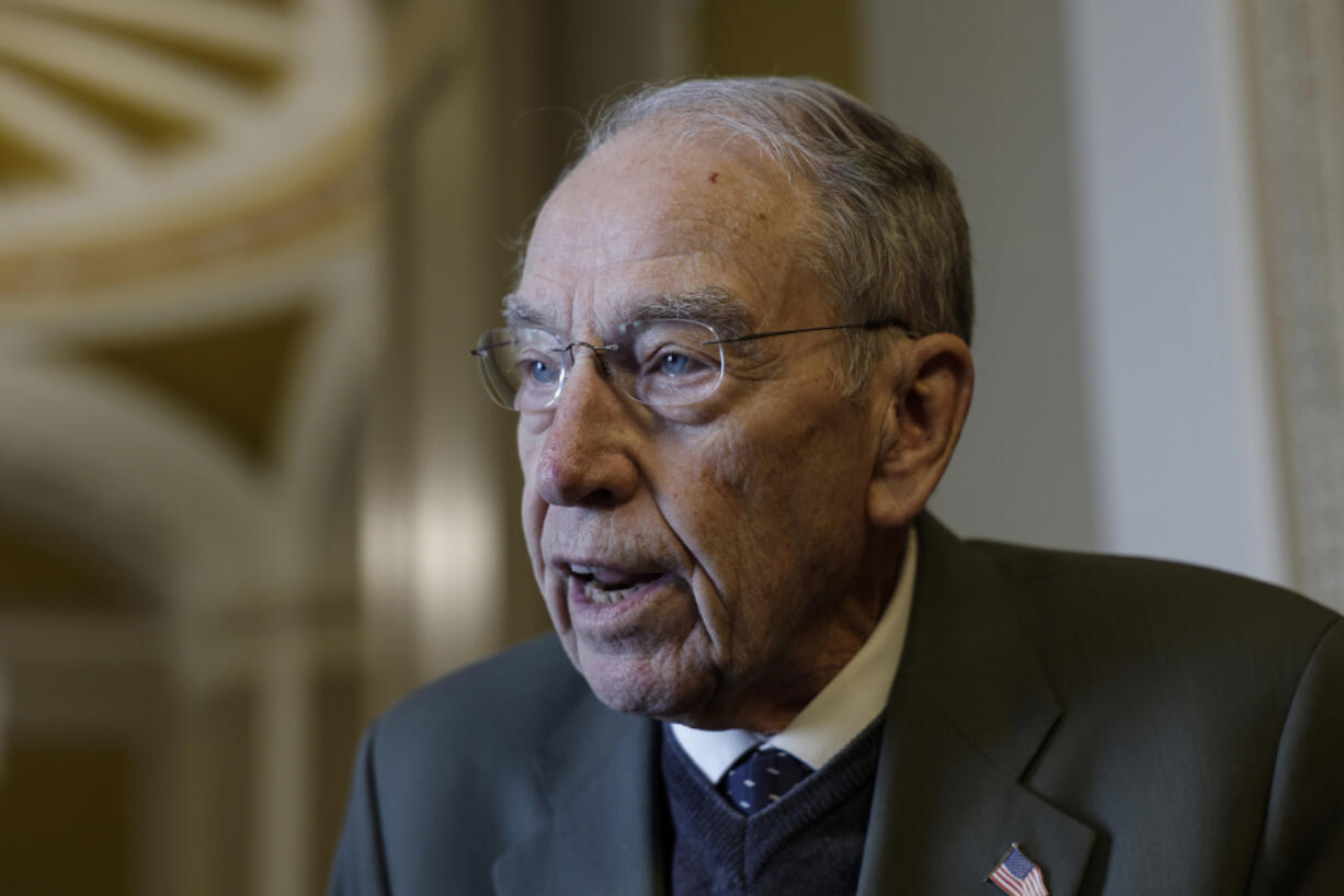 U.S. Sen. Chuck Grassley, R-Iowa, speaks with reporters outside the Senate Chambers in the U.S. Capitol Building on March 14, 2023, in Washington, D.C.