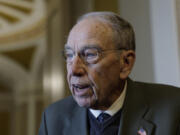 U.S. Sen. Chuck Grassley, R-Iowa, speaks with reporters outside the Senate Chambers in the U.S. Capitol Building on March 14, 2023, in Washington, D.C.