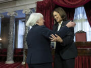 Vice President Kamala Harris and Sen. Patty Murray, D-Wash., hug as Murray arrives for her ceremonial swearing-in, at the Old Senate Chamber on Capitol Hill in Washington, Tuesday, Jan. 3, 2023.