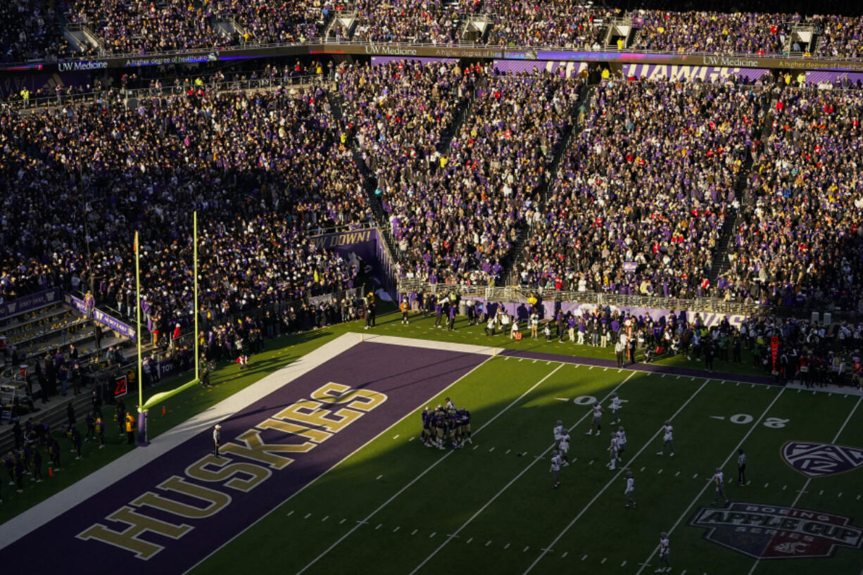 A general view of the Husky Stadium end zone during the first half of an NCAA college football game between Washington and Washington State, Saturday, Nov. 25, 2023, in Seattle.