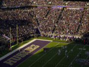 A general view of the Husky Stadium end zone during the first half of an NCAA college football game between Washington and Washington State, Saturday, Nov. 25, 2023, in Seattle.