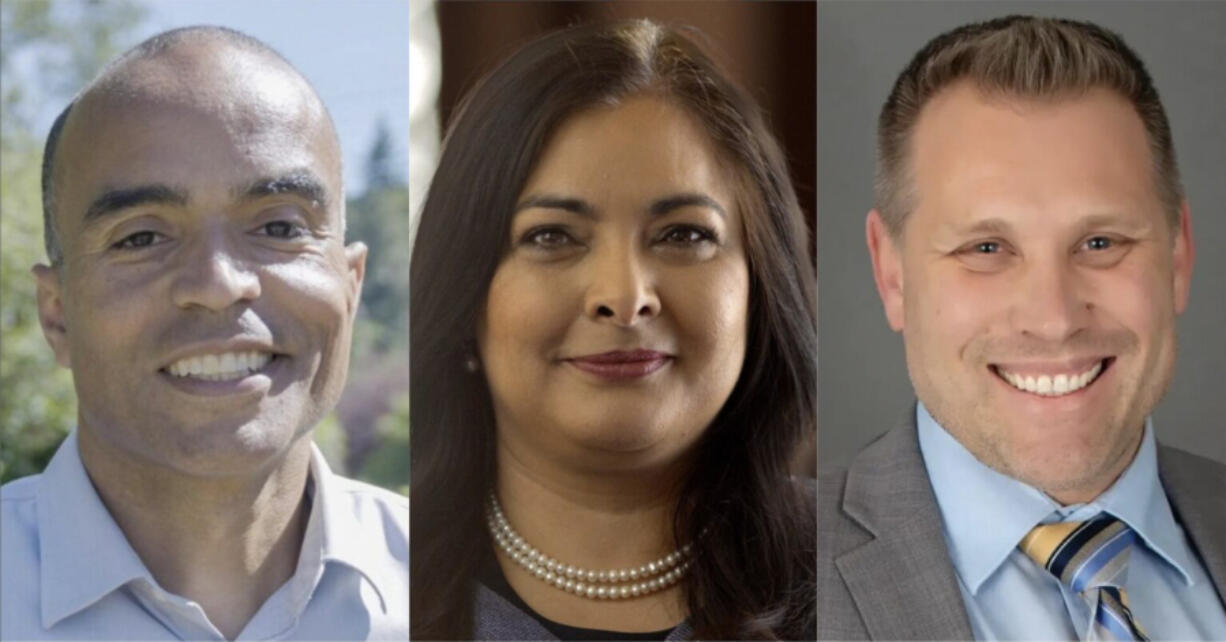 Nick Brown, left, Manka Dhingra, center, and Pete Serrano, right, are running to be Washington&rsquo;s next attorney general.