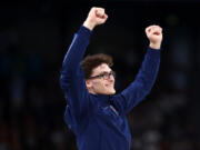 Bronze medalist Stephen Nedoroscik of the United States celebrates Aug. 3 during the medal ceremony for the gymnastics men&rsquo;s pommel horse final during the 2024 Summer Olympics at Bercy Arena in Paris.