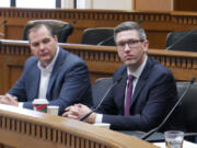 Senate Minority Leader John Braun, R-Centralia, left, and House Minority Leader Drew Stokesbary, R-Auburn, meet with reporters ahead of the 2024 legislative session (Bill Lucia/Washington State Standard)