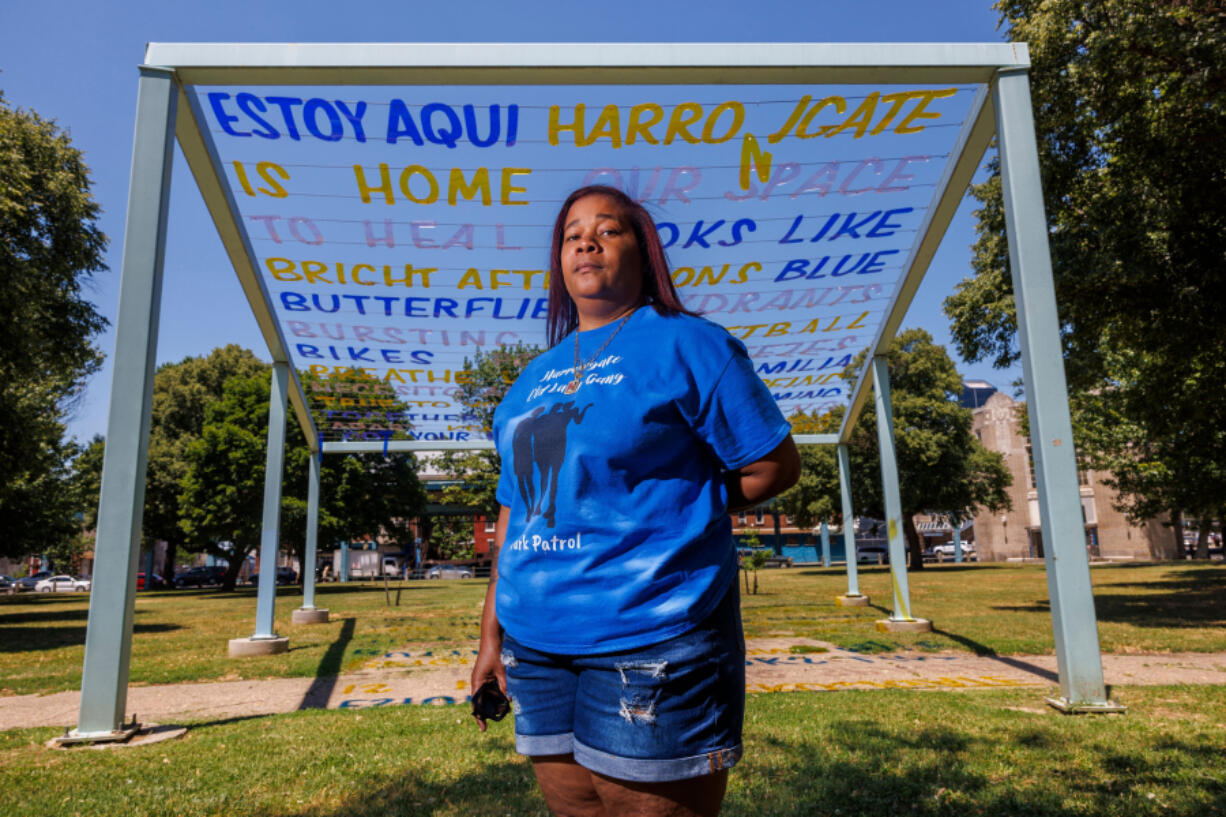 Darlene Abner-Burton, a member of the &ldquo;Old Lady Gang&rdquo; that patrols Harrowgate Park at Kensington Avenue and Tioga Street. Her group confronts drug users to keep it safe for neighborhood children. (Alejandro A.