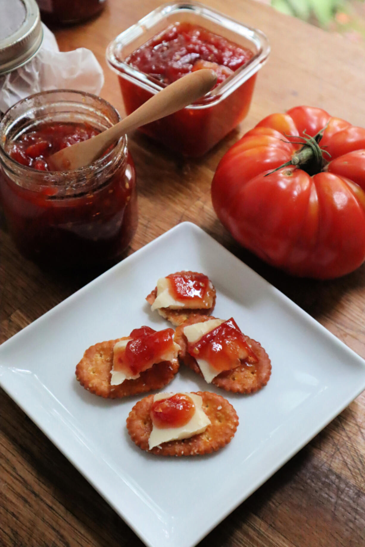 Gently spiced with cinnamon, ginger and red chili, this tomato chutney pairs great with cheese and also is a punch alternative to ketchup for burgers.