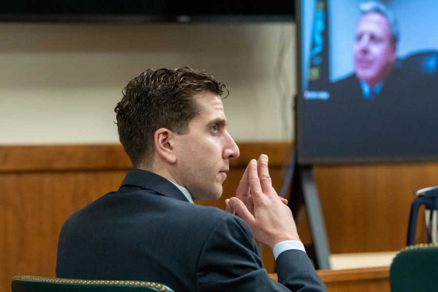 Bryan Kohberger listens to arguments during a hearing to overturn his grand jury indictment on Oct. 26, 2023, in Moscow, Idaho.