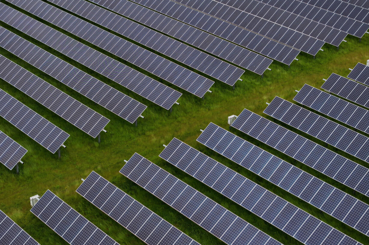 In an aerial view, solar panels are seen at MCE Solar One solar farm on April 25, 2024, in Richmond, California. California has cut back on rooftop solar incentives as the state has an estimated 47 gigawatts of solar power installed, nearly 25 percent of the state&rsquo;s electricity, that powers 13.9 million homes. On days where there is little demand for electricity, the price of electricity flattens and gigawatts of the solar generated power is curtailed.