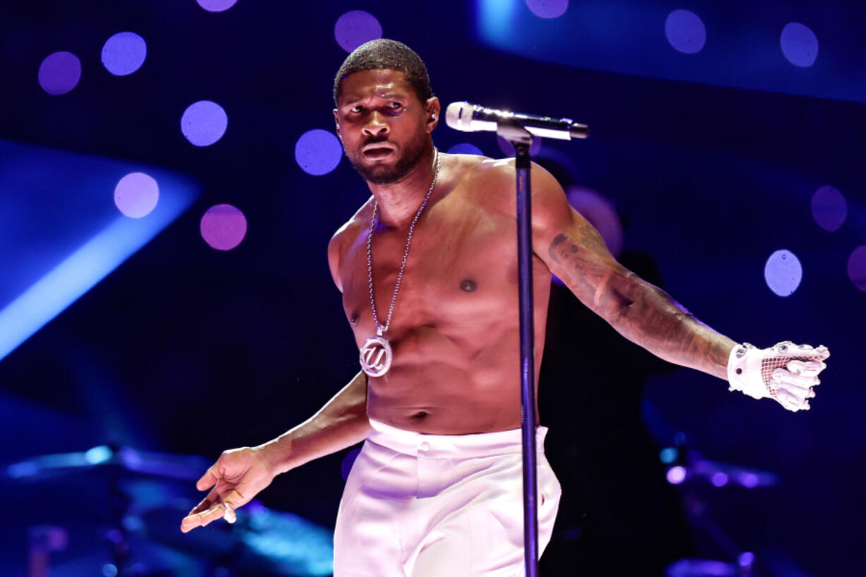 Usher performs during halftime of Super Bowl LVIII on Feb. 11, 2024, at Allegiant Stadium in Las Vegas. (L.E.