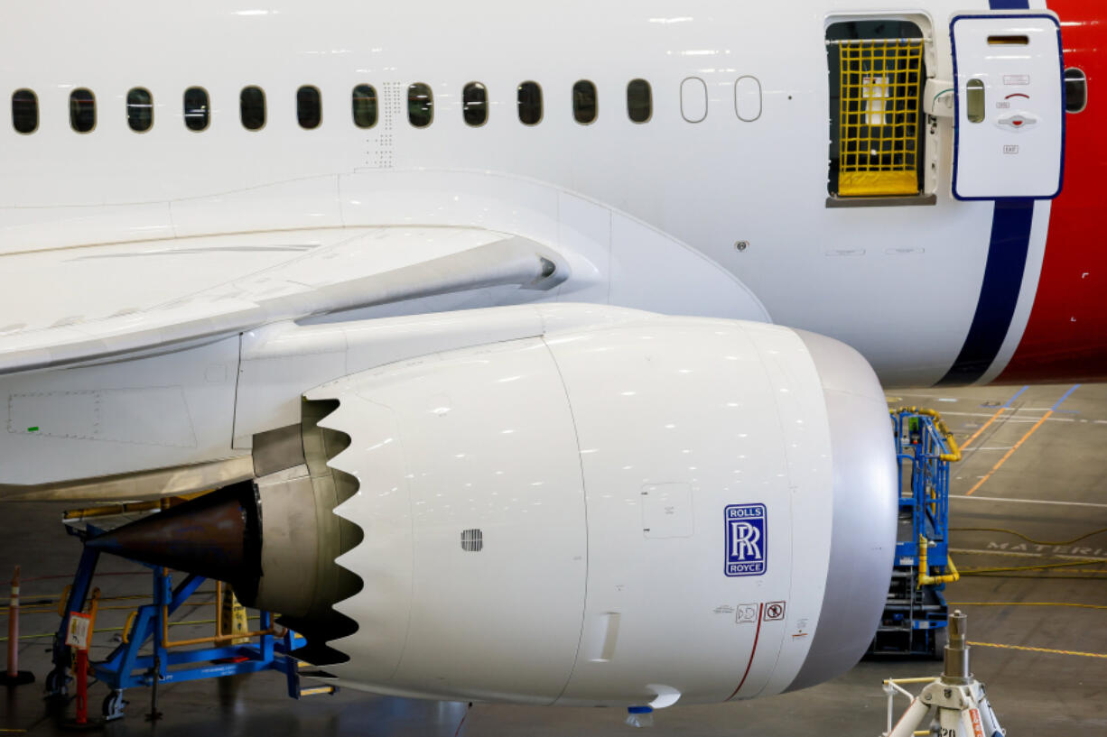 A Rolls Royce engine on a 787-9 at the Boeing Production Facility, Wednesday, June 26, 2024, in Everett, Washington.