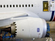 A Rolls Royce engine on a 787-9 at the Boeing Production Facility, Wednesday, June 26, 2024, in Everett, Washington.