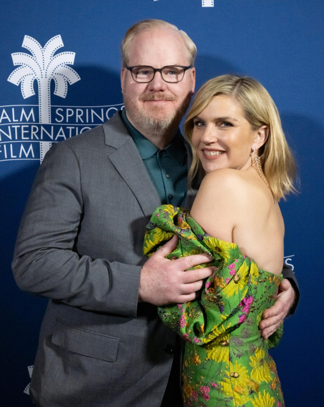 Jim Gaffigan, left, and Rhea Seehorn attend the premiere screening of &ldquo;Linoleum&rdquo; on Jan. 9, 2023, in Palm Springs, Calif.