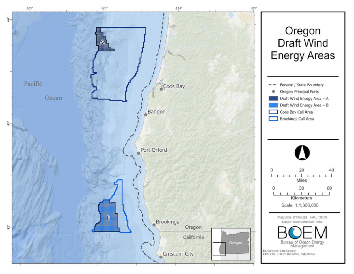 A map of the wind energy areas identified for potential offshore floating wind energy farms.