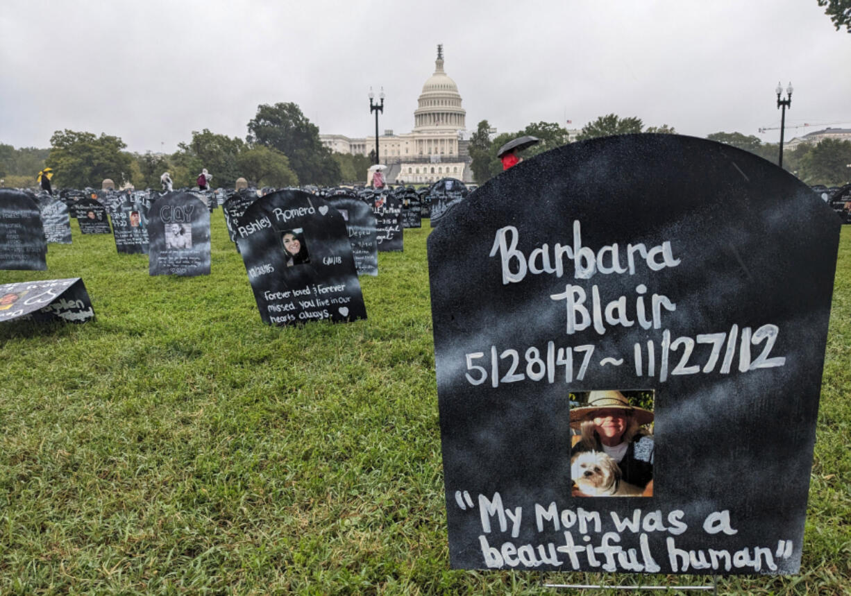 At the Trail of Truth event in Washington, D.C., on Sept. 23, 2023, people who lost loved ones to the addiction crisis display hundreds of memorial markers to memorialize them and demand more action from the federal government.