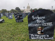 At the Trail of Truth event in Washington, D.C., on Sept. 23, 2023, people who lost loved ones to the addiction crisis display hundreds of memorial markers to memorialize them and demand more action from the federal government.