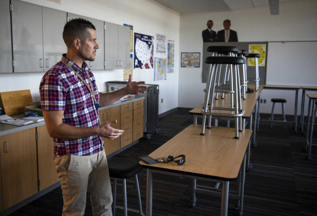 Former Ridgefield School District superintendent Nathan McCann is pictured at Ridgefield High School on August 26, 2019. McCann, who resigned in August 2023, was the subject of a Title IX investigation last year after an employee filed a complaint describing an angry outburst about a school policy. The investigation found McCann was not guilty of committing acts of gender discrimination or sexual harassment, but interviews with staff included in investigation documents revealed many female employees felt he displayed a pattern of unprofessional behavior toward them during his nine-year tenure.