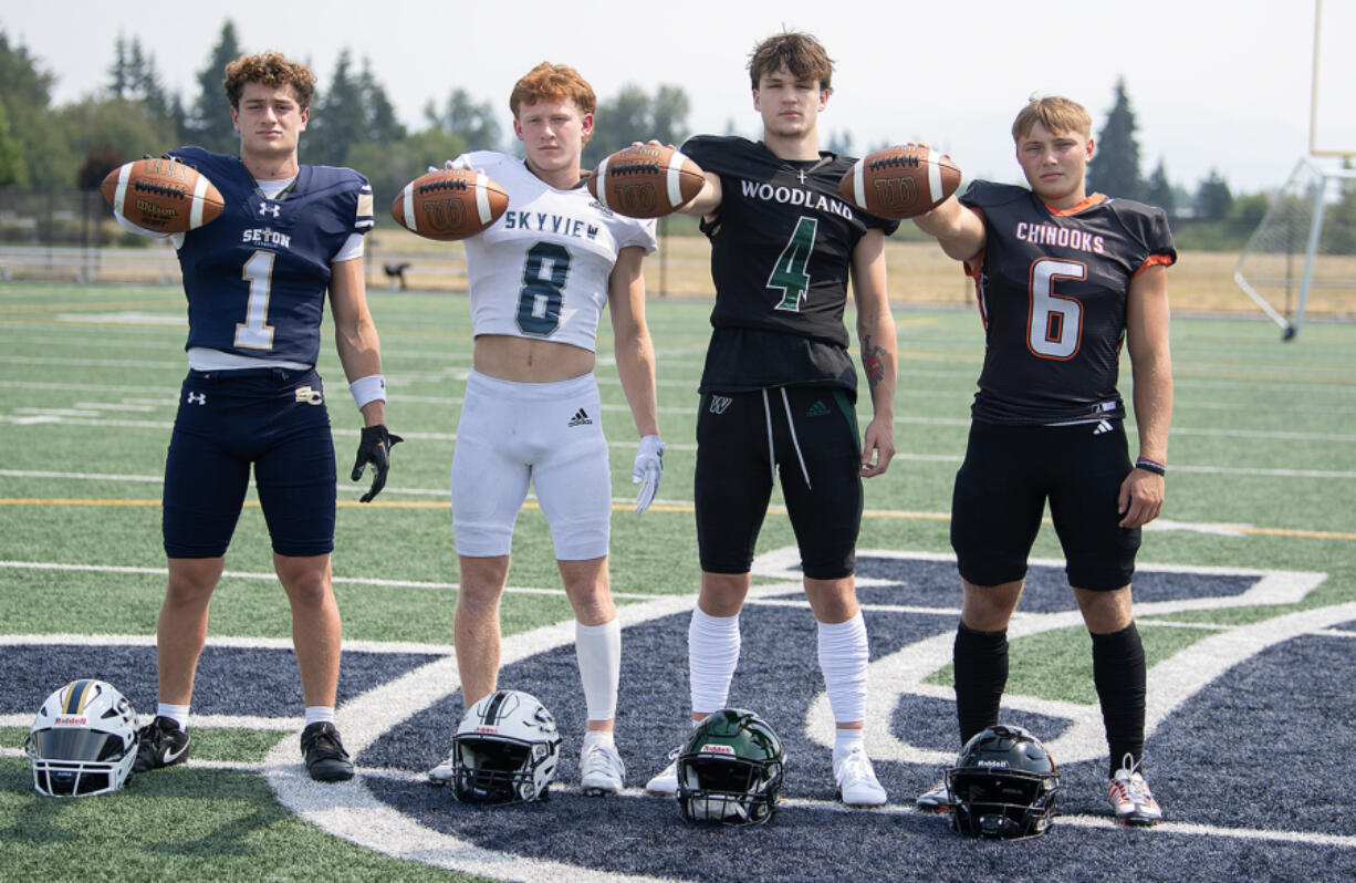 Seton Catholic&rsquo;s Joe Callerame joins Skyview&rsquo;s Gavin Packer, Woodland&rsquo;s Elijah Andersen and Kalama&rsquo;s Aiden Brown at Seton Catholic High School on Thursday afternoon, Aug. 8, 2024.