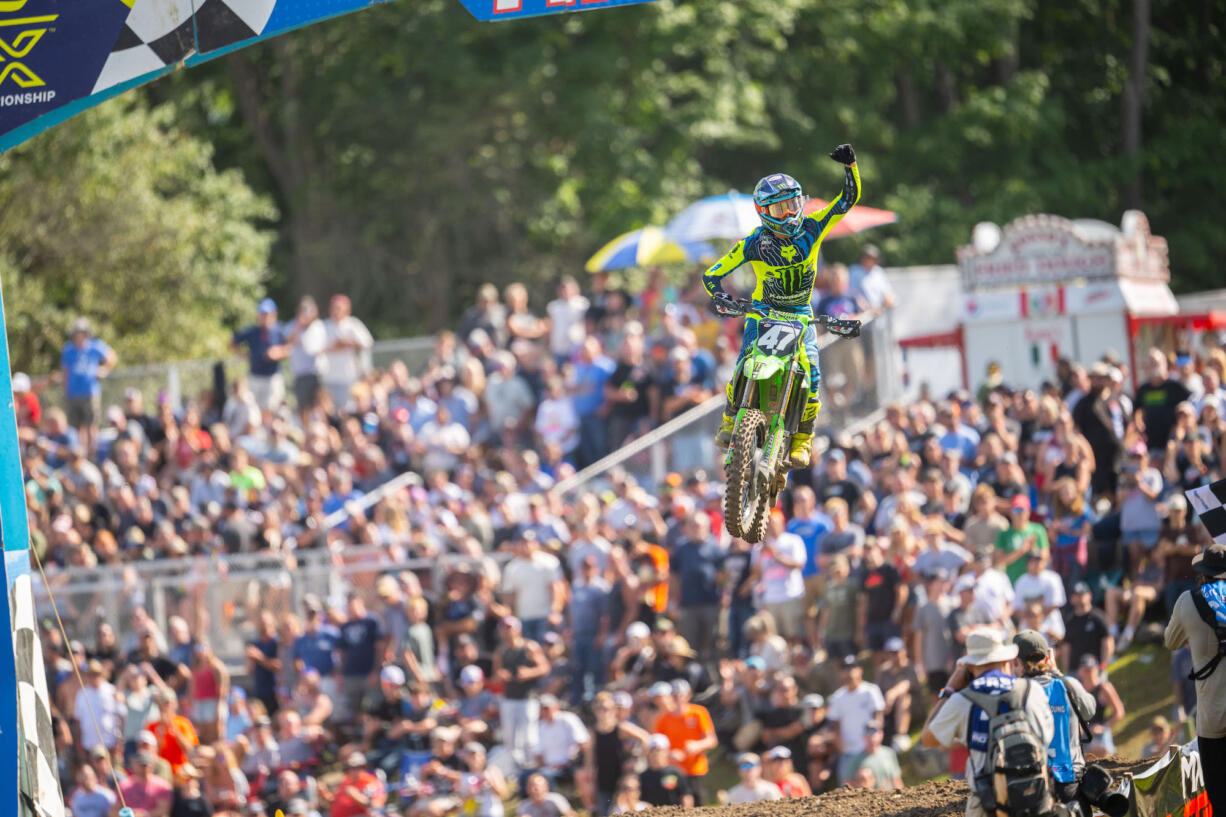 Levi Kitchen of Washougal celebrates after winning the 250 Class of the Unadilla National pro motocross event at New Berlin, New York on Saturday, Aug. 10, 2024.