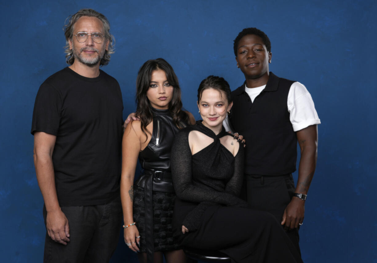 Fede Alvarez, from left, Isabela Merced, Cailee Spaeny and David Jonsson promote &ldquo;Alien: Romulus&rdquo; during Comic-Con International on July 27 in San Diego.