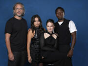 Fede Alvarez, from left, Isabela Merced, Cailee Spaeny and David Jonsson promote &ldquo;Alien: Romulus&rdquo; during Comic-Con International on July 27 in San Diego.