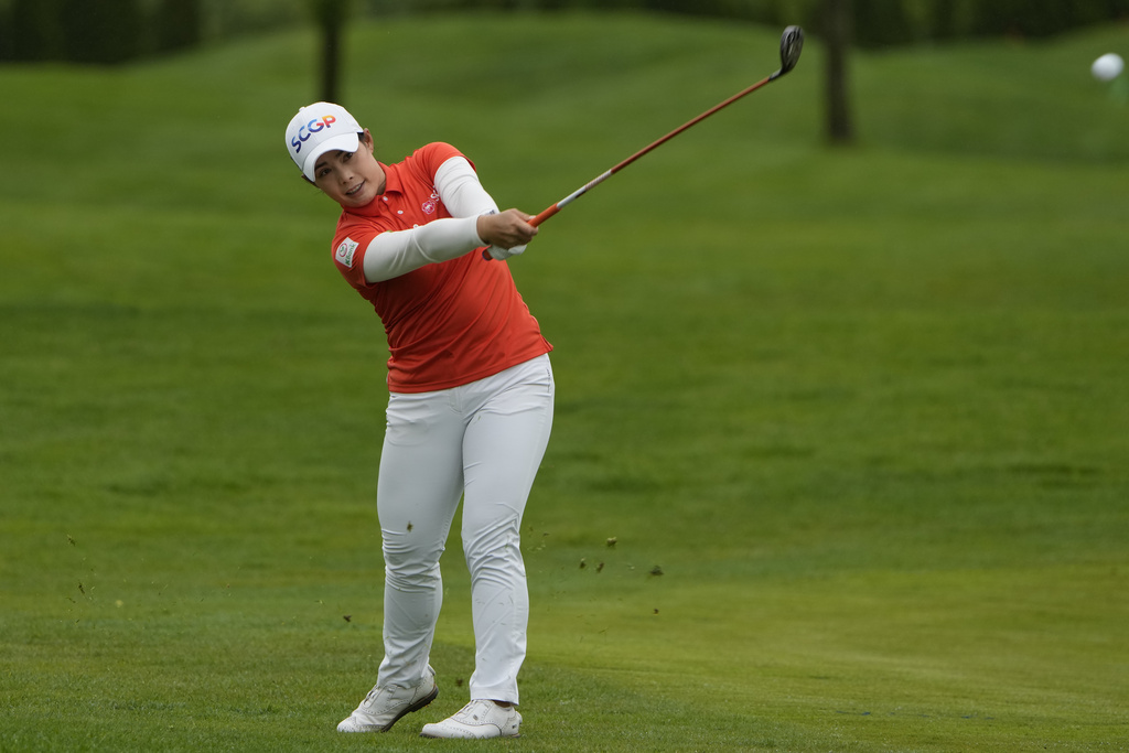 Moriya Jutanugarn, of Thailand, hits an approach shot on the sixth hole during the first round of the Mizuho Americas Open golf tournament, Thursday, May 16, 2024, in Jersey City, N.J.