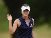 Andrea Lee reacts after making her putt on the 15th green during the final round of the U.S. Women's Open golf tournament at Lancaster Country Club, Sunday, June 2, 2024, in Lancaster, Pa.