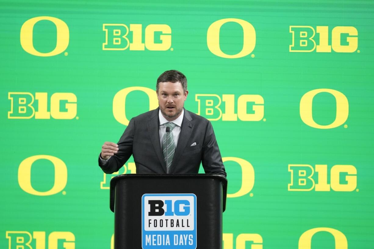 Oregon head coach Dan Lanning speaks during an NCAA college football news conference at the Big Ten Conference media days at Lucas Oil Stadium, Thursday, July 25, 2024, in Indianapolis.