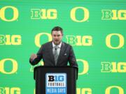 Oregon head coach Dan Lanning speaks during an NCAA college football news conference at the Big Ten Conference media days at Lucas Oil Stadium, Thursday, July 25, 2024, in Indianapolis.