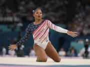 Jordan Chiles, of the United States, performs on the floor during the women's artistic gymnastics team finals round at Bercy Arena at the 2024 Summer Olympics, Tuesday, July 30, 2024, in Paris, France.