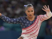 Jordan Chiles, of the United States, performs on the floor during the women's artistic gymnastics team finals round at Bercy Arena at the 2024 Summer Olympics, Tuesday, July 30, 2024, in Paris, France.