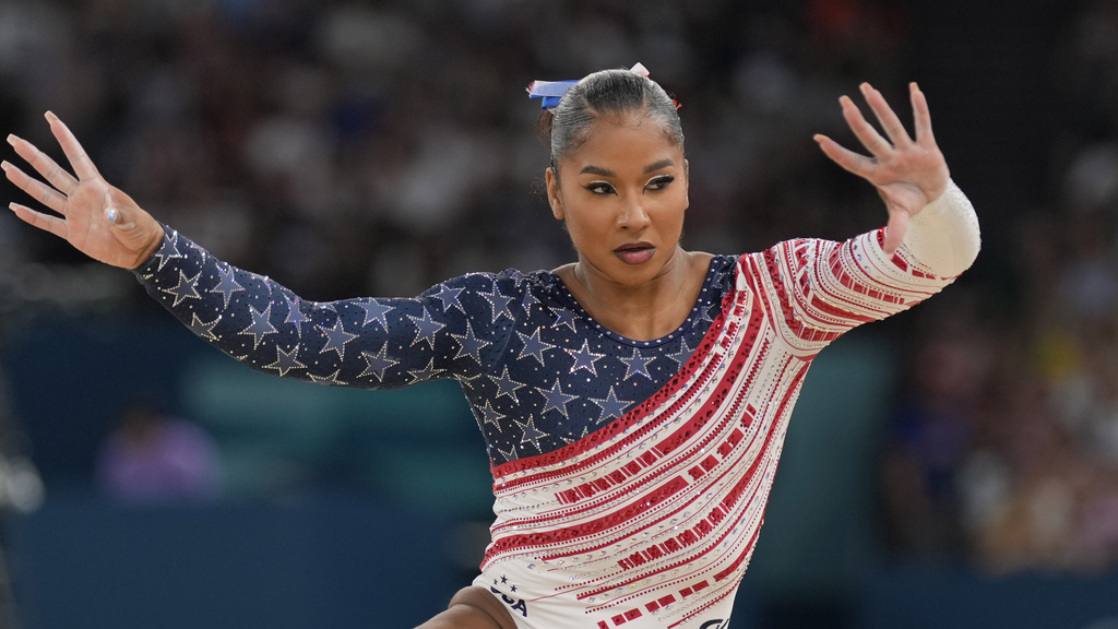 Jordan Chiles, of the United States, performs on the floor during the women's artistic gymnastics team finals round at Bercy Arena at the 2024 Summer Olympics, Tuesday, July 30, 2024, in Paris, France.