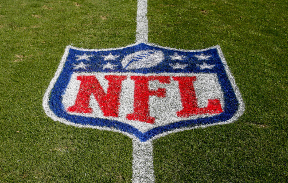 The NFL logo is displayed on the field at the Bank of American Stadium in Charlotte, N.C.