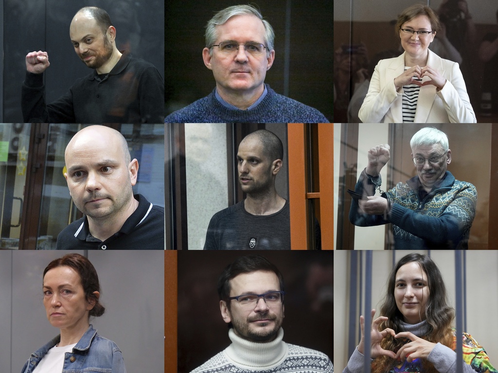 This photo combination shows, in the centre, Wall Street Journal reporter Evan Gershkovich, and clockwise from top left are Russian opposition activist Vladimir Kara-Murza, corporate security executive and former U.S. Marine Paul Whelan, Lilia Chanysheva, former coordinator of regional offices of the late opposition figure Alexei Navalny, co-chair of the Nobel Peace Prize winning Memorial Human Rights Centre Oleg Orlov, artist and musician Sasha Skochilenko, Russian opposition activist and former municipal deputy of the Krasnoselsky district Ilya Yashin, government-funded Radio Free Europe/Radio Liberty's Tatar-Bashkir service Alsu Kurmasheva and former head of Open Russia movement Andrei Pivovarov.